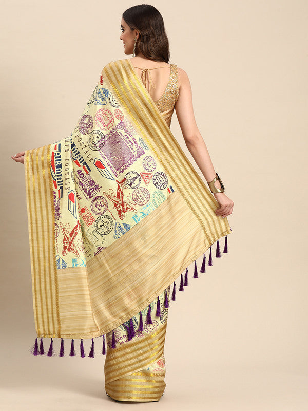 Beige Art Silk Printed Embellished Saree with Unstitched Blouse - Hiral Fashion | Swadesiicart