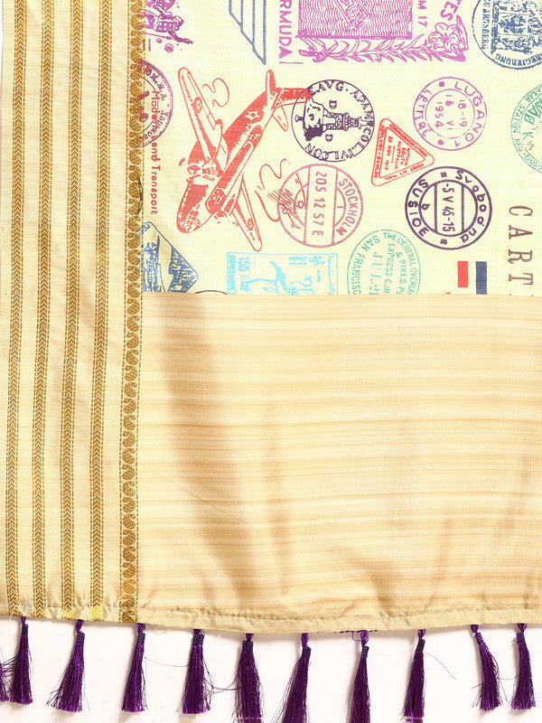 Beige Art Silk Printed Embellished Saree with Unstitched Blouse - Hiral Fashion | Swadesiicart