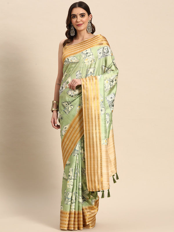 Green Art Silk Printed Embellished Saree with Unstitched Blouse - Hiral Fashion | Swadesiicart
