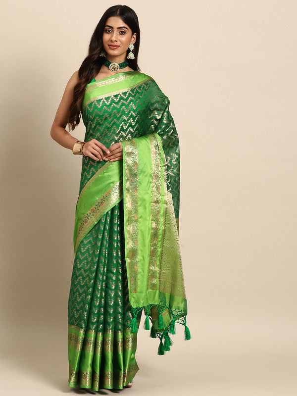 Green Silk Blend Woven Zari Design Abstract Saree with Unstitched Blouse - Hiral Fashion | Swadesiicart