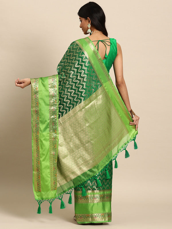 Green Silk Blend Woven Zari Design Abstract Saree with Unstitched Blouse - Hiral Fashion | Swadesiicart
