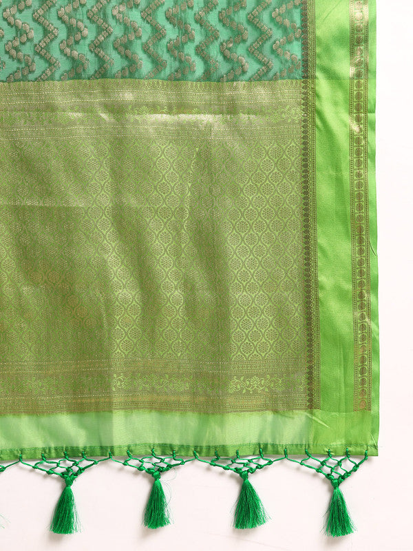 Green Silk Blend Woven Zari Design Abstract Saree with Unstitched Blouse - Hiral Fashion | Swadesiicart