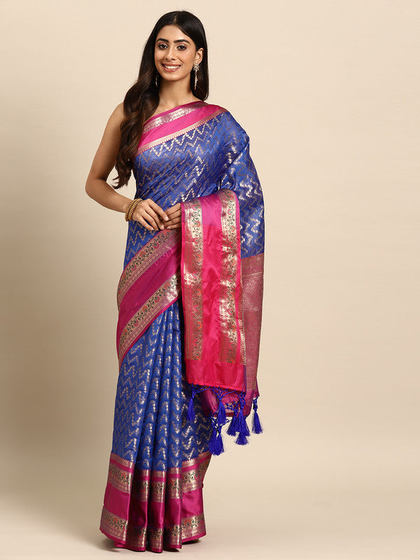 Navy Blue Silk Blend Woven Zari Design Abstract Saree with Unstitched Blouse - Hiral Fashion | Swadesiicart