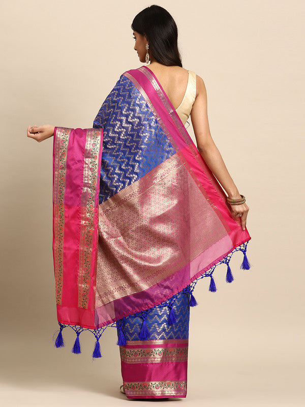 Navy Blue Silk Blend Woven Zari Design Abstract Saree with Unstitched Blouse - Hiral Fashion | Swadesiicart