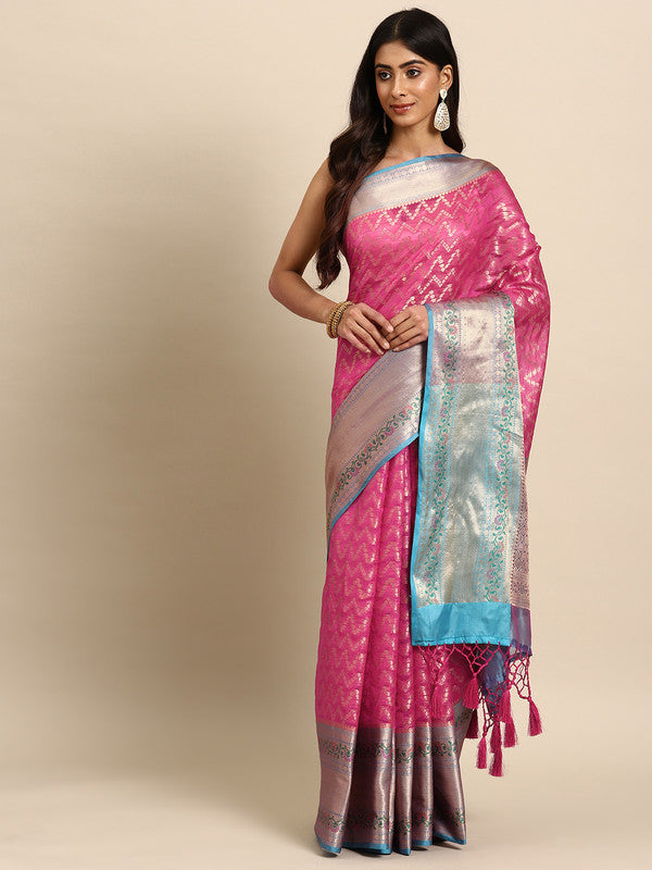 Pink Silk Blend Woven Zari Design Abstract Saree with Unstitched Blouse - Hiral Fashion | Swadesiicart