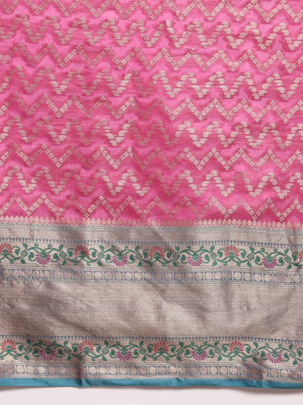 Pink Silk Blend Woven Zari Design Abstract Saree with Unstitched Blouse - Hiral Fashion | Swadesiicart