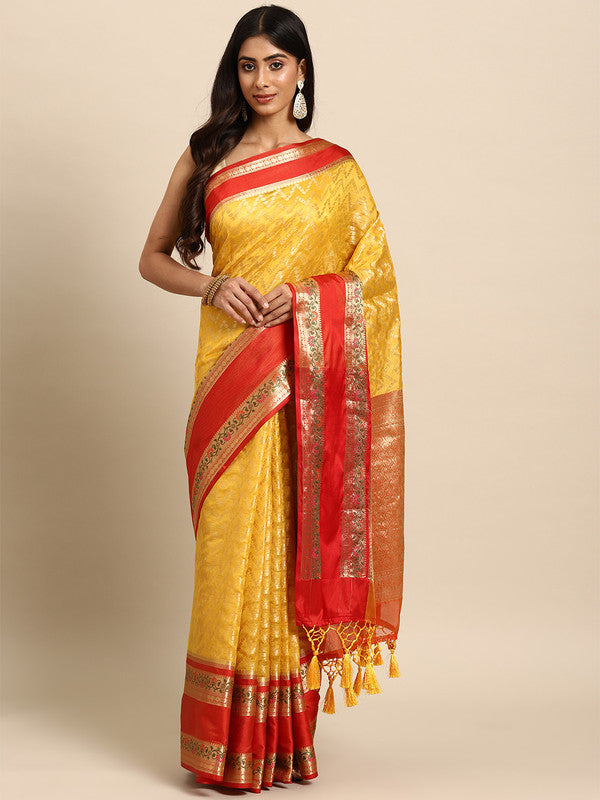 Yellow Silk Blend Woven Zari Design Abstract Saree with Unstitched Blouse - Hiral Fashion | Swadesiicart