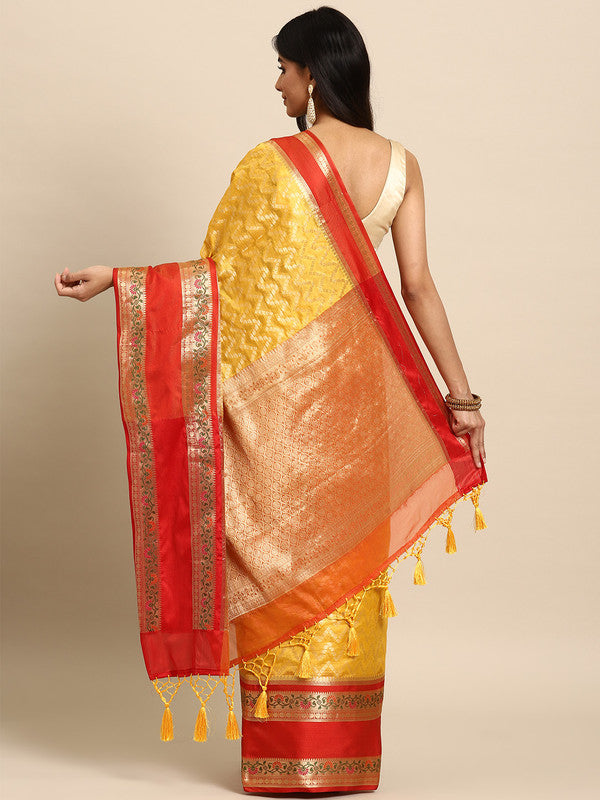 Yellow Silk Blend Woven Zari Design Abstract Saree with Unstitched Blouse - Hiral Fashion | Swadesiicart