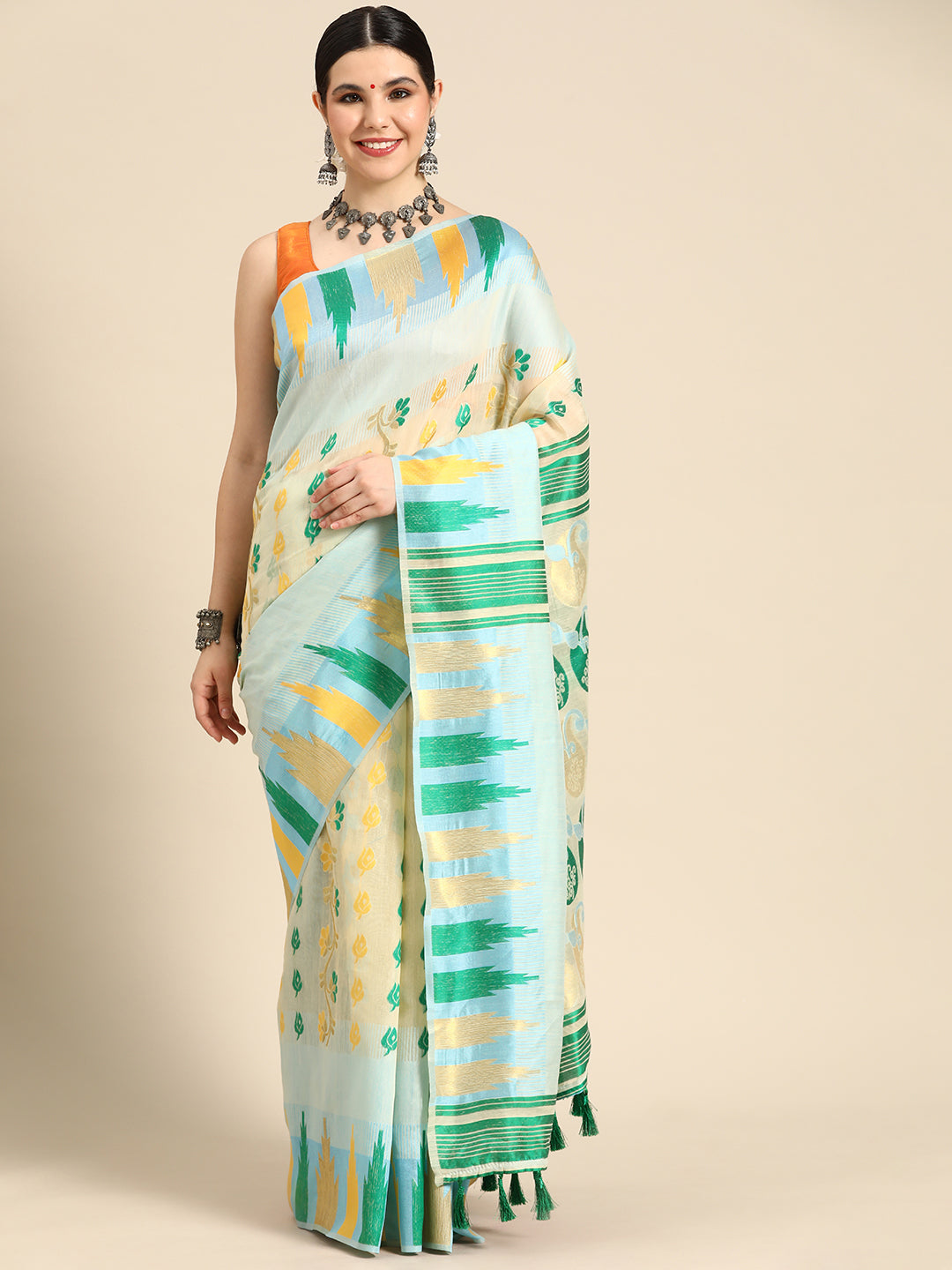Blue Pure Cotton Woven Zari Design Floral Saree with Unstitched Blouse - Hiral Fashion | Swadesiicart