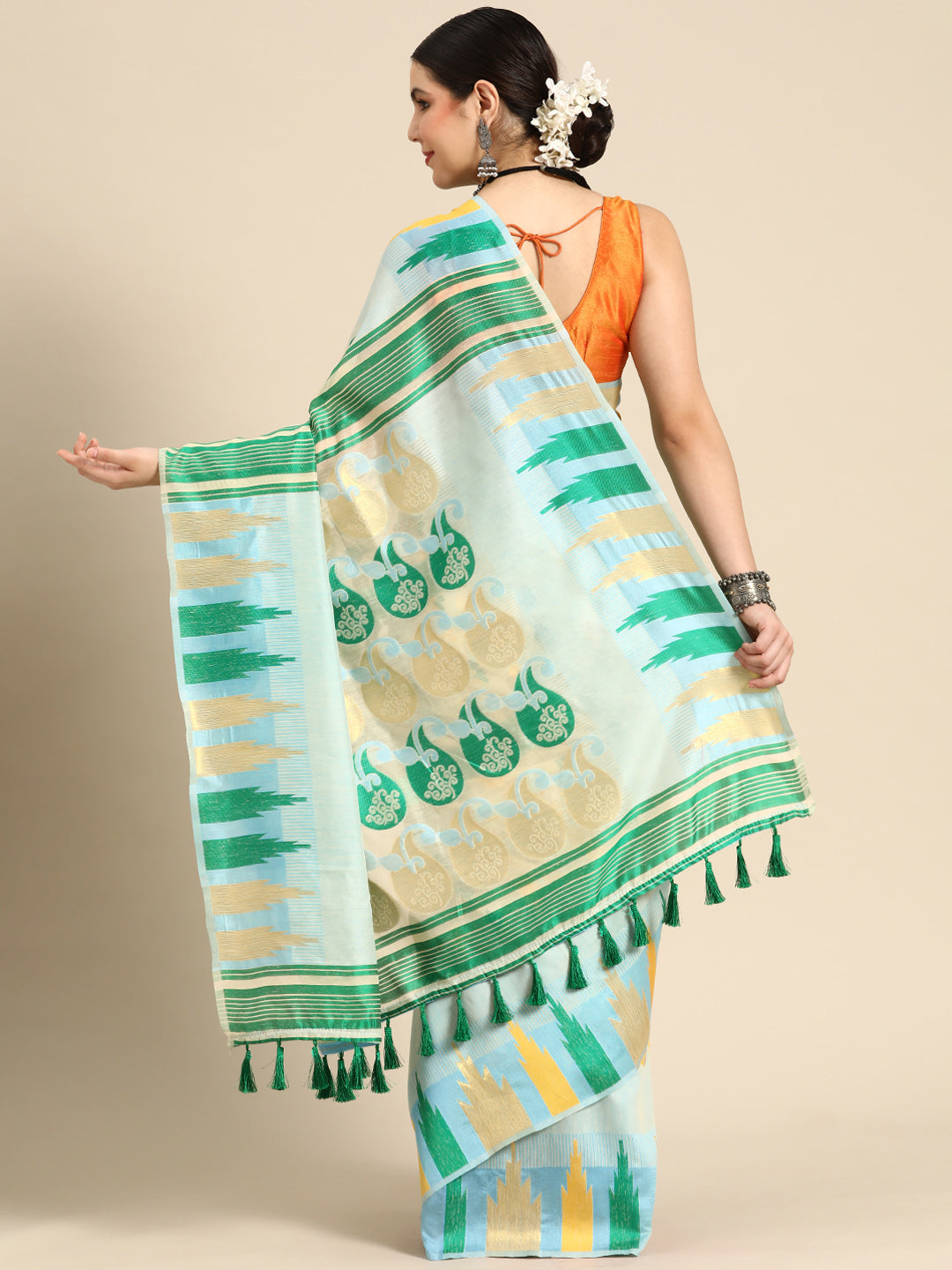 Blue Pure Cotton Woven Zari Design Floral Saree with Unstitched Blouse - Hiral Fashion | Swadesiicart