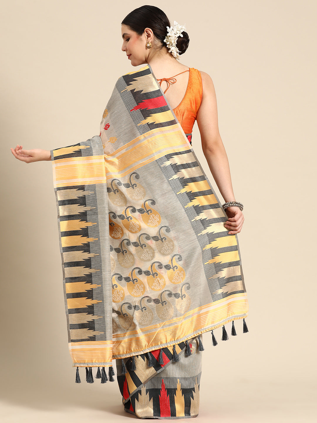 Gray Pure Cotton Woven Zari Design Floral Saree with Unstitched Blouse - Hiral Fashion | Swadesiicart