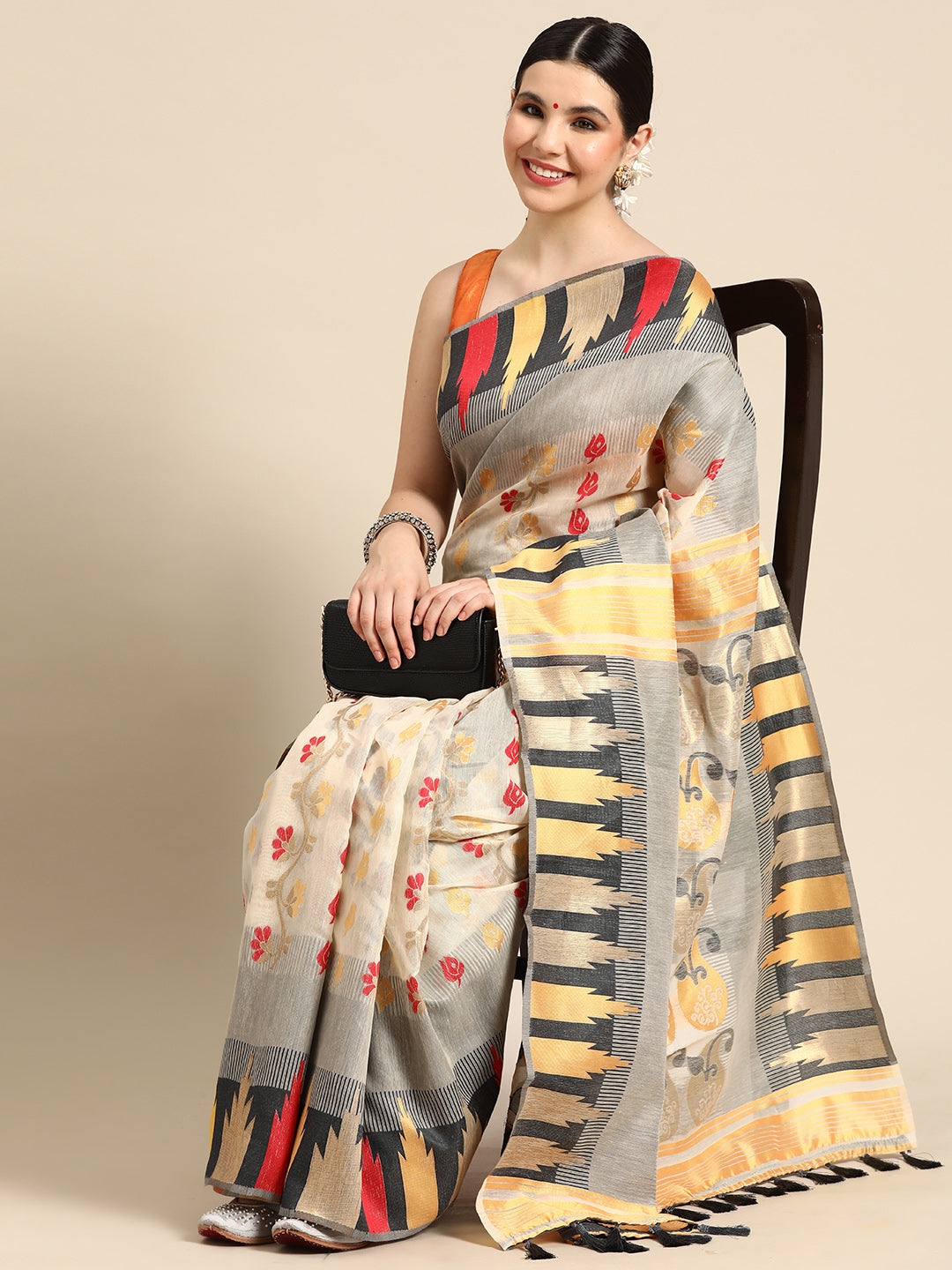 Gray Pure Cotton Woven Zari Design Floral Saree with Unstitched Blouse - Hiral Fashion | Swadesiicart