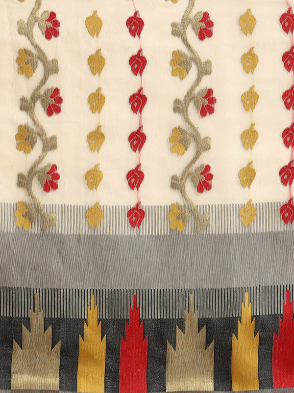 Gray Pure Cotton Woven Zari Design Floral Saree with Unstitched Blouse - Hiral Fashion | Swadesiicart