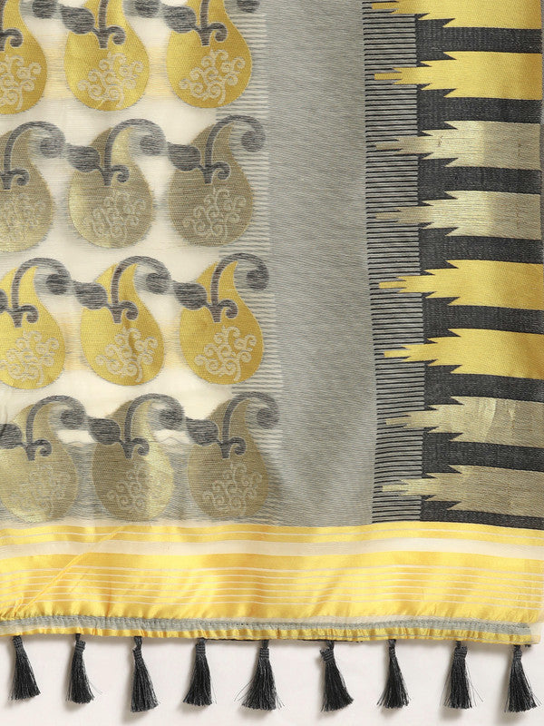 Gray Pure Cotton Woven Zari Design Floral Saree with Unstitched Blouse - Hiral Fashion | Swadesiicart