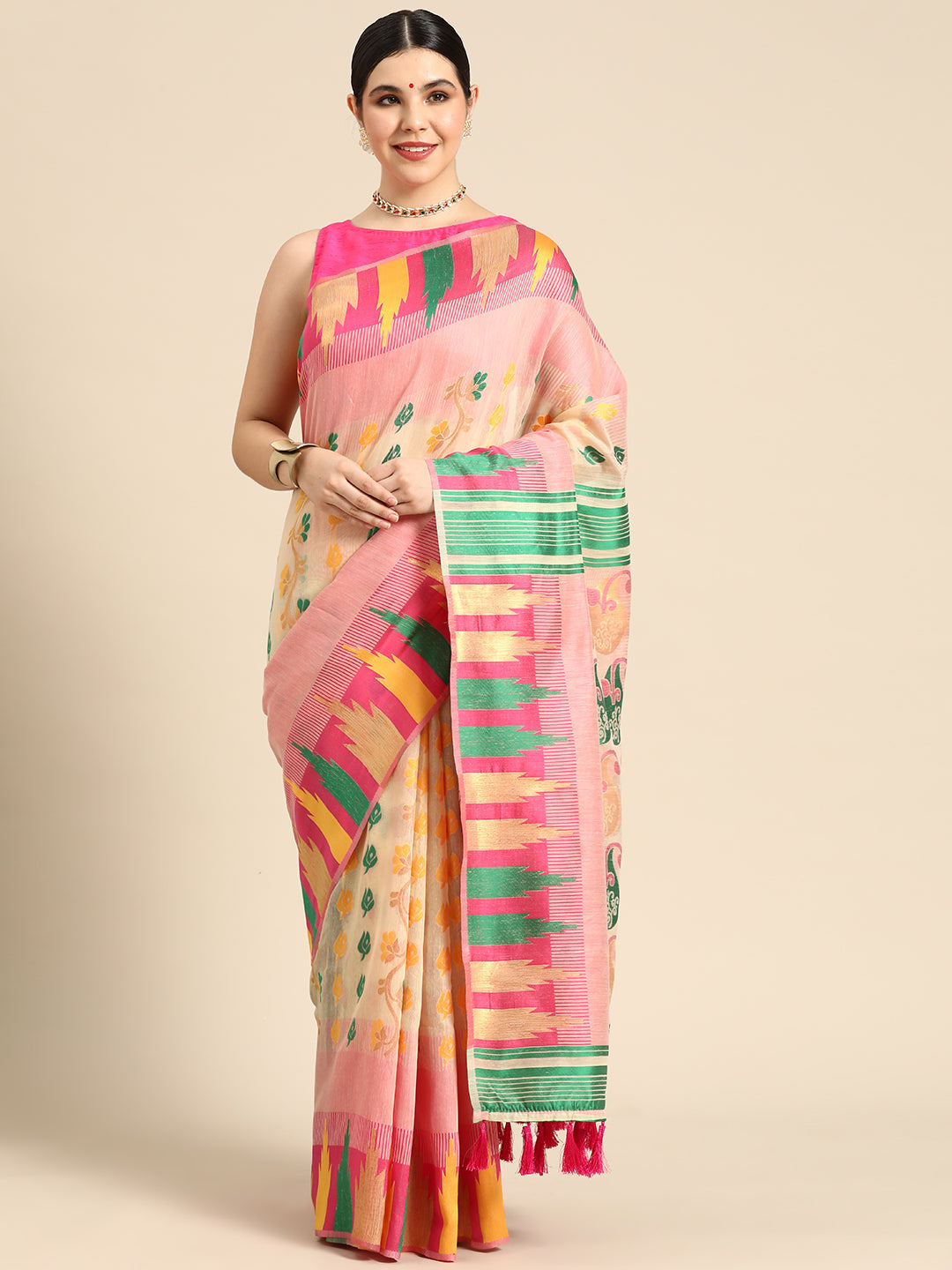 Pink Pure Cotton Woven Zari Design Floral Saree with Unstitched Blouse - Hiral Fashion | Swadesiicart