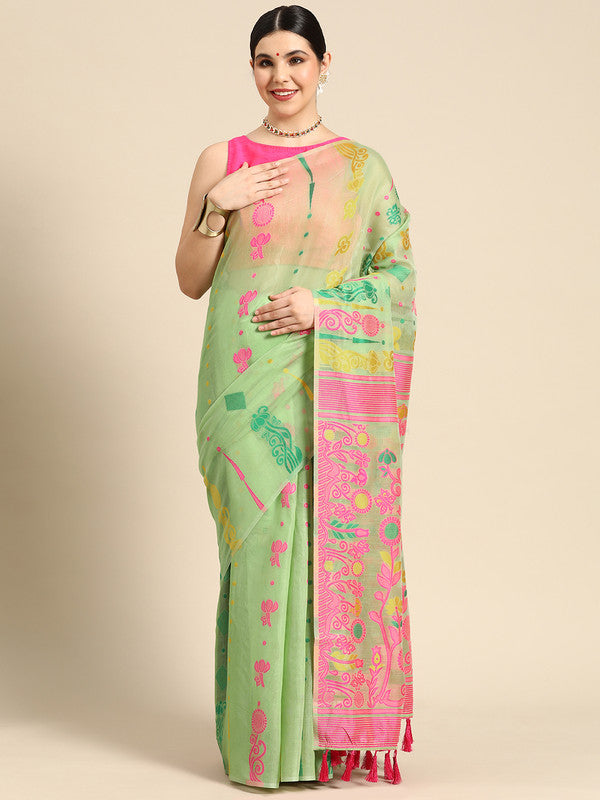 Green Pure Cotton Woven Zari Design Floral Saree with Unstitched Blouse - Hiral Fashion | Swadesiicart