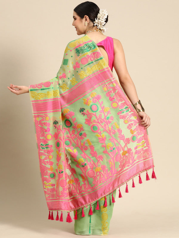 Green Pure Cotton Woven Zari Design Floral Saree with Unstitched Blouse - Hiral Fashion | Swadesiicart