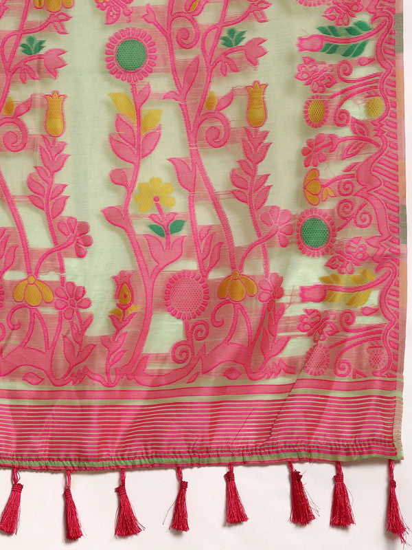 Green Pure Cotton Woven Zari Design Floral Saree with Unstitched Blouse - Hiral Fashion | Swadesiicart