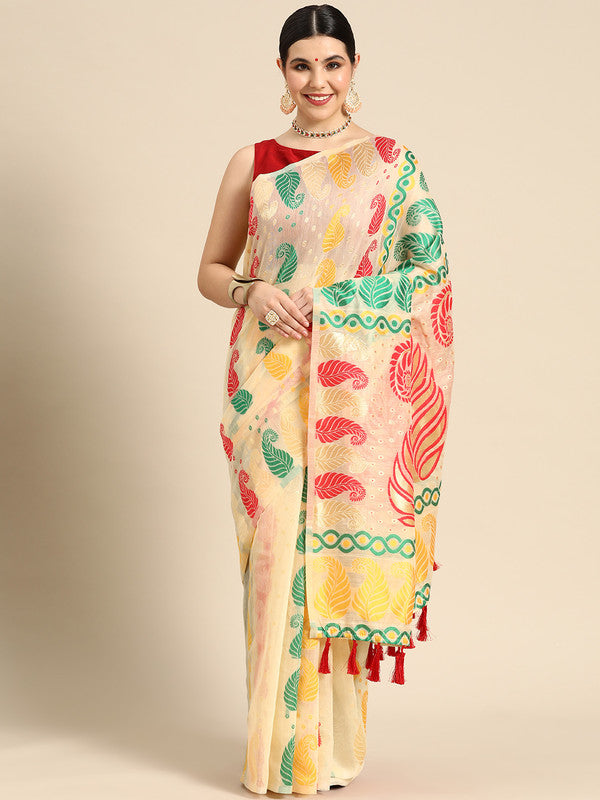 Beige Pure Cotton Woven Zari Design Paisley Saree with Unstitched Blouse - Hiral Fashion | Swadesiicart
