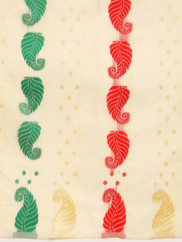 Beige Pure Cotton Woven Zari Design Paisley Saree with Unstitched Blouse - Hiral Fashion | Swadesiicart