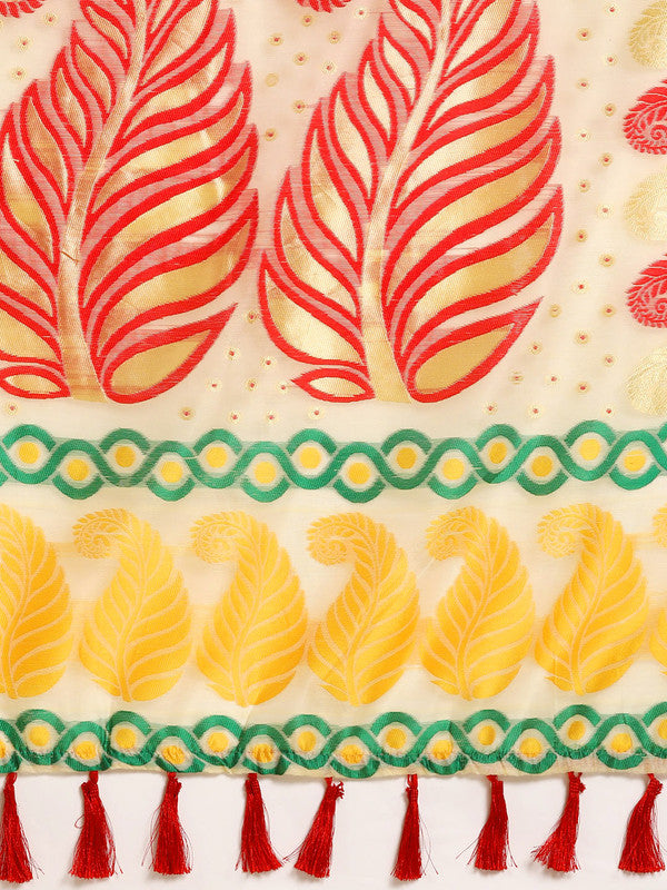 Beige Pure Cotton Woven Zari Design Paisley Saree with Unstitched Blouse - Hiral Fashion | Swadesiicart
