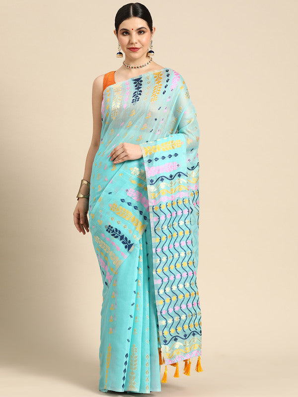 Turquoise Pure Cotton Woven Zari Design Geomatric Saree with Unstitched Blouse - Hiral Fashion | Swadesiicart