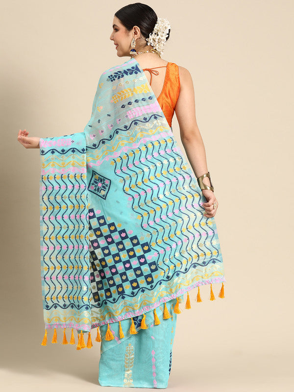 Turquoise Pure Cotton Woven Zari Design Geomatric Saree with Unstitched Blouse - Hiral Fashion | Swadesiicart