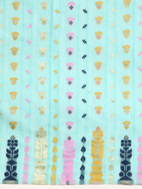 Turquoise Pure Cotton Woven Zari Design Geomatric Saree with Unstitched Blouse - Hiral Fashion | Swadesiicart