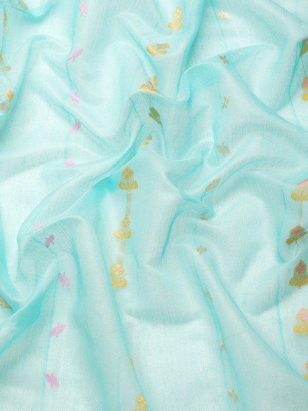 Turquoise Pure Cotton Woven Zari Design Geomatric Saree with Unstitched Blouse - Hiral Fashion | Swadesiicart
