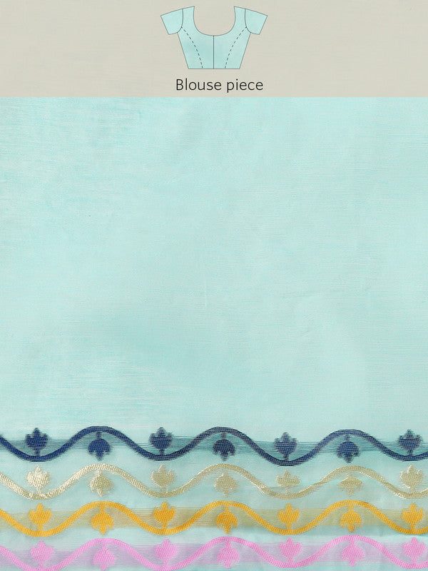 Turquoise Pure Cotton Woven Zari Design Geomatric Saree with Unstitched Blouse - Hiral Fashion | Swadesiicart