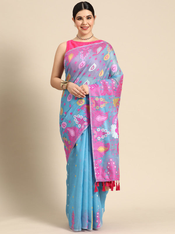 Blue Pure Cotton Woven Zari Design Paisley Saree with Unstitched Blouse - Hiral Fashion | Swadesiicart