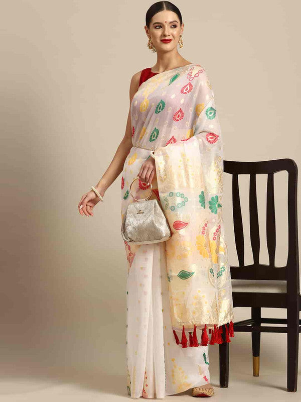 White Pure Cotton Woven Zari Design Paisley Saree with Unstitched Blouse - Hiral Fashion | Swadesiicart