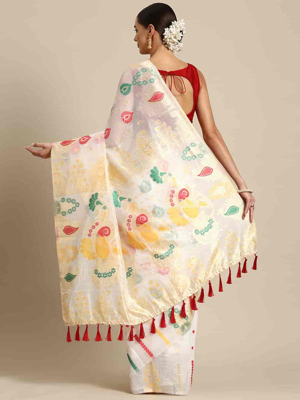 White Pure Cotton Woven Zari Design Paisley Saree with Unstitched Blouse - Hiral Fashion | Swadesiicart