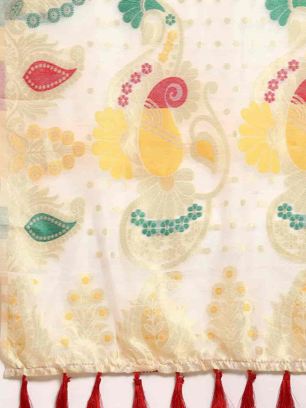 White Pure Cotton Woven Zari Design Paisley Saree with Unstitched Blouse - Hiral Fashion | Swadesiicart