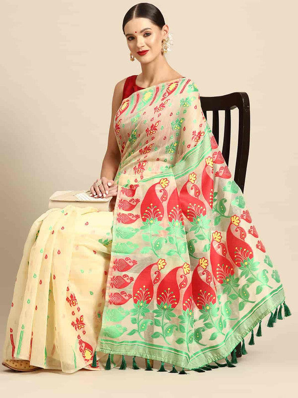 Beige Pure Cotton Woven Zari Design Paisley Saree with Unstitched Blouse - Hiral Fashion | Swadesiicart