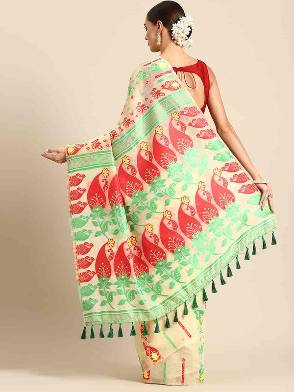Beige Pure Cotton Woven Zari Design Paisley Saree with Unstitched Blouse - Hiral Fashion | Swadesiicart