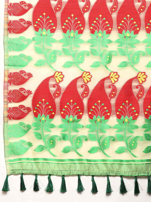Beige Pure Cotton Woven Zari Design Paisley Saree with Unstitched Blouse - Hiral Fashion | Swadesiicart