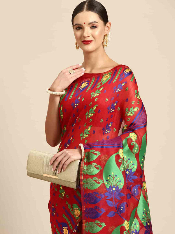 Red Pure Cotton Woven Zari Design Paisley Saree with Unstitched Blouse - Hiral Fashion | Swadesiicart