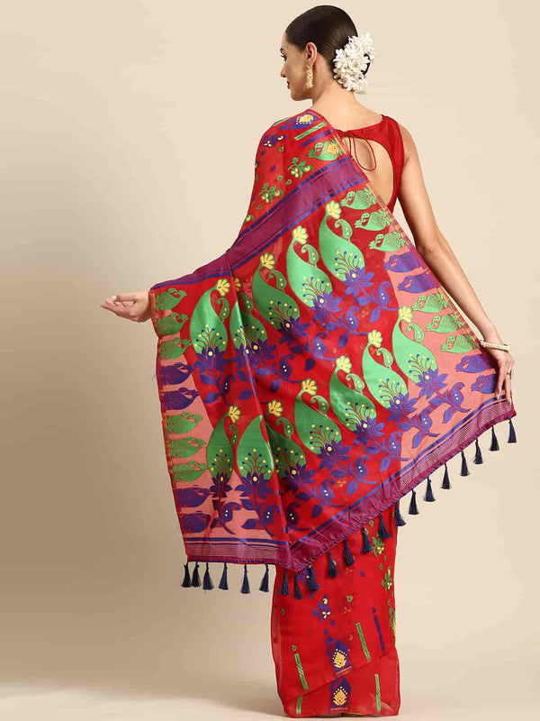 Red Pure Cotton Woven Zari Design Paisley Saree with Unstitched Blouse - Hiral Fashion | Swadesiicart