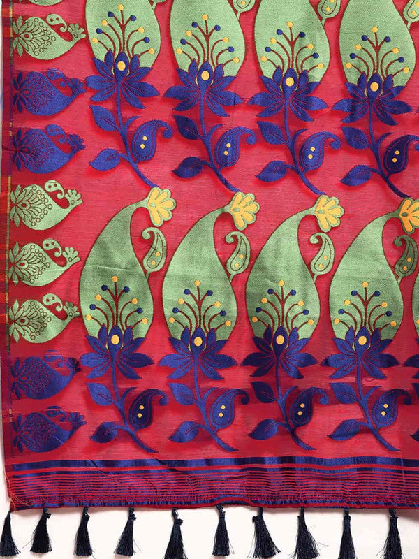 Red Pure Cotton Woven Zari Design Paisley Saree with Unstitched Blouse - Hiral Fashion | Swadesiicart
