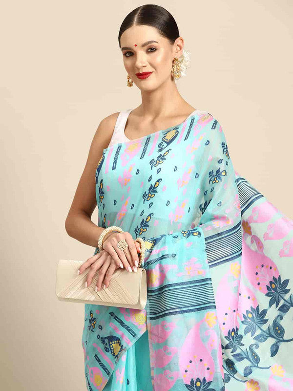 Turquoise Pure Cotton Woven Zari Design Paisley Saree with Unstitched Blouse - Hiral Fashion | Swadesiicart