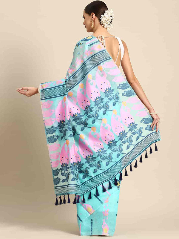 Turquoise Pure Cotton Woven Zari Design Paisley Saree with Unstitched Blouse - Hiral Fashion | Swadesiicart