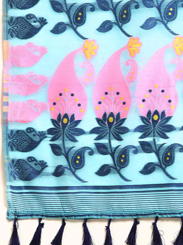 Turquoise Pure Cotton Woven Zari Design Paisley Saree with Unstitched Blouse - Hiral Fashion | Swadesiicart
