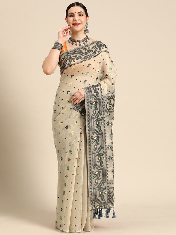 Black Pure Cotton Woven Zari Design Geomatric Saree with Unstitched Blouse - Hiral Fashion | Swadesiicart