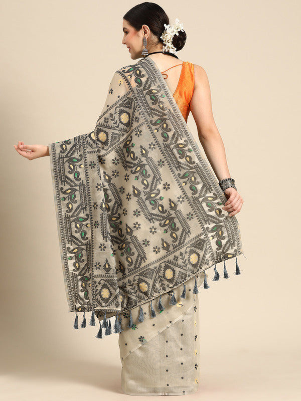 Black Pure Cotton Woven Zari Design Geomatric Saree with Unstitched Blouse - Hiral Fashion | Swadesiicart