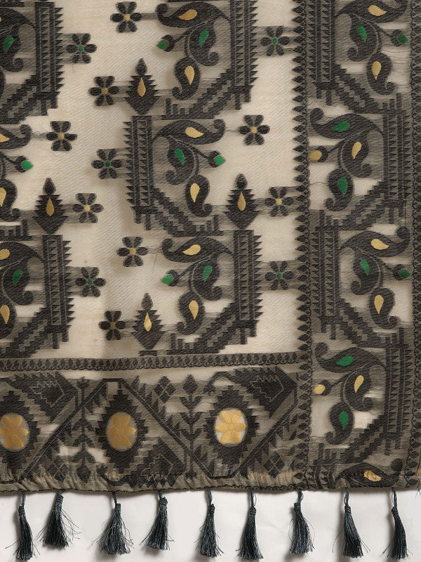 Black Pure Cotton Woven Zari Design Geomatric Saree with Unstitched Blouse - Hiral Fashion | Swadesiicart