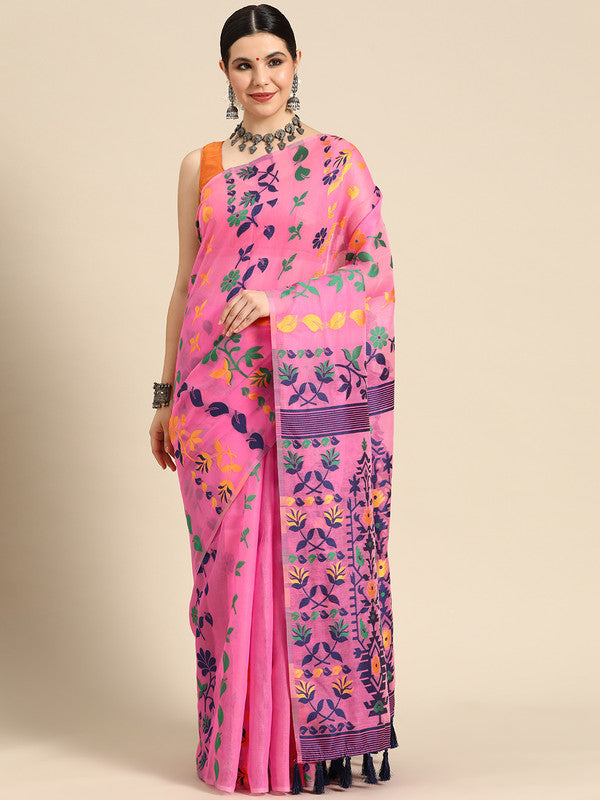 Pink Pure Cotton Woven Zari Design Floral Saree with Unstitched Blouse - Hiral Fashion | Swadesiicart