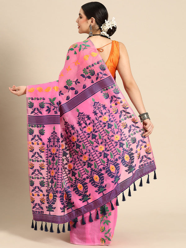 Pink Pure Cotton Woven Zari Design Floral Saree with Unstitched Blouse - Hiral Fashion | Swadesiicart