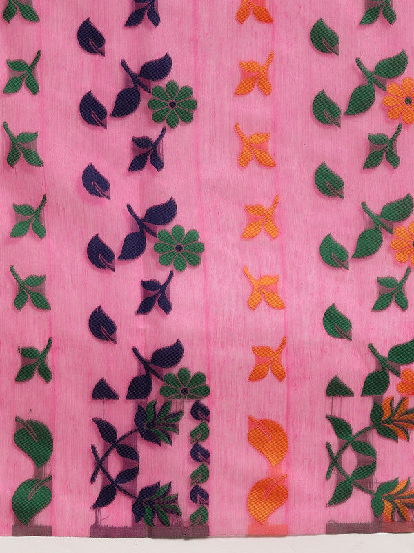 Pink Pure Cotton Woven Zari Design Floral Saree with Unstitched Blouse - Hiral Fashion | Swadesiicart