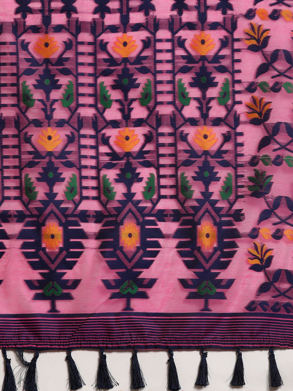 Pink Pure Cotton Woven Zari Design Floral Saree with Unstitched Blouse - Hiral Fashion | Swadesiicart